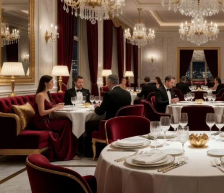 Fényűző kaszinó-étterem belső tér, elegáns asztalokkal és bárpulttal