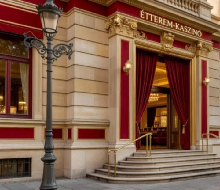 Elegáns budapesti étterem-kaszinó enteriőr terített asztalokkal