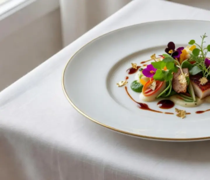 Fine dining fogás arany díszítésű porcelán tányéron, elegáns tálalással