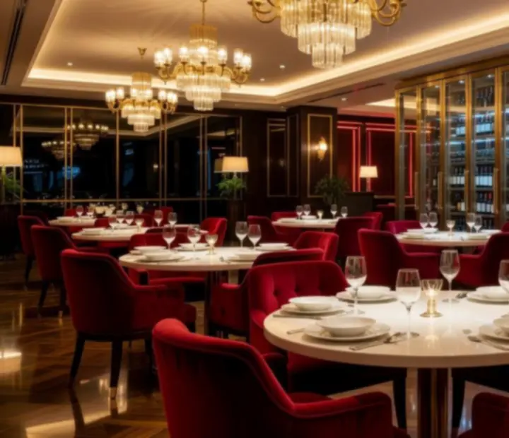 Fényűző fine dining étterem-kaszinó enteriőr, arany részletekkel és vörös akcentusokkal