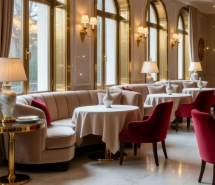 Royal porcelán és bordó bársony enteriőr a Ligetko Nyha lounge-ban